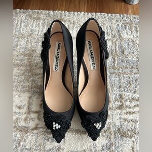 Karl Lagerfeld Pointed Toe Embellish Black Heel w/ Pearl Details - Size 6